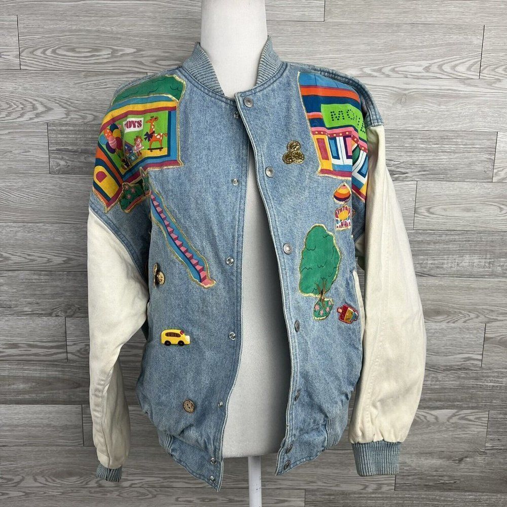 VINTAGE Rare Quaker Factory Denim Bomber Jacket Size L Patchwork Embroider 60's